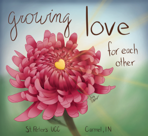 Growing Love for Each Other A pink chrysanthemum with a yellow heart in the middle and the word Growing Love for Each Other